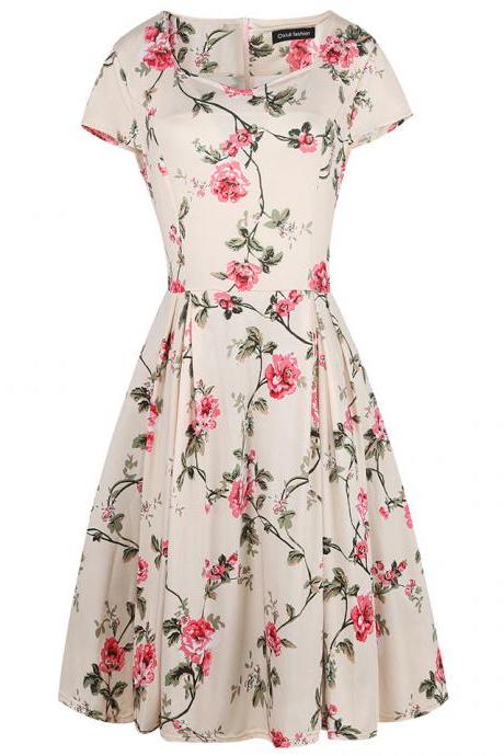 Women Retro Dress V Neck Short Sleeve Floral Print Vintage 50s 60s Rockabilly Party Big Swing Dress 4#