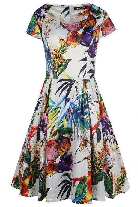 Women Retro Dress V Neck Short Sleeve Floral Print Vintage 50s 60s Rockabilly Party Big Swing Dress 5#