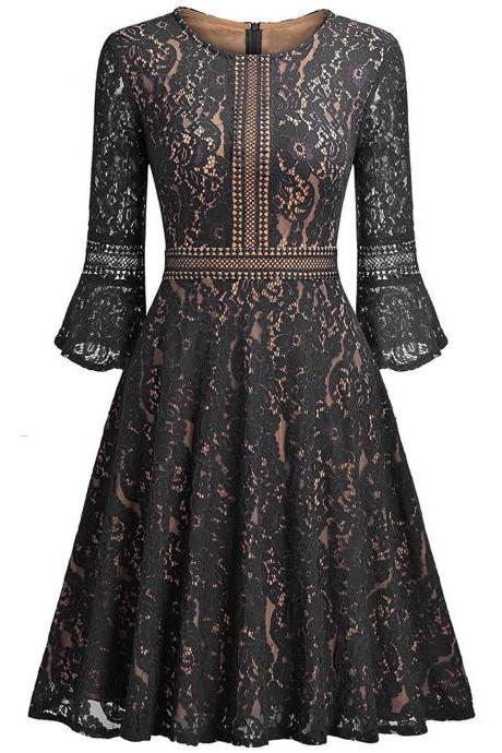 Vintage Floral Lace Dress Casual Women 3/4 Flare Sleeve Short Cocktail Evening Party Wear Big Swing Dress Black