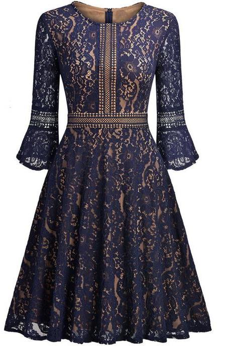 Vintage Floral Lace Dress Casual Women 3/4 Flare Sleeve Short Cocktail Evening Party Wear Big Swing Dress Navy Blue
