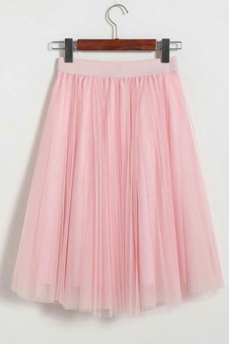3 Layers Tulle Tutu Skirt Women Summer Pleated Midi Skirt High Waist Petticoat Underskirt pink