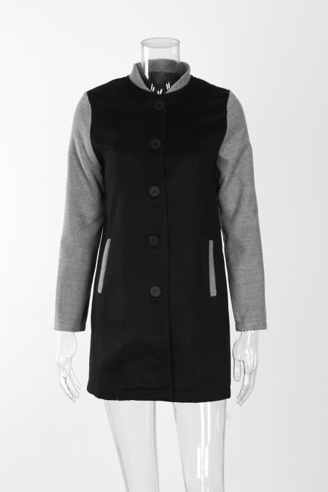 Women Lady Long Woolen Coat Autumn Winter Long Sleeve Contrast Color Patchwork Warm Slim Jackets Black-+gray
