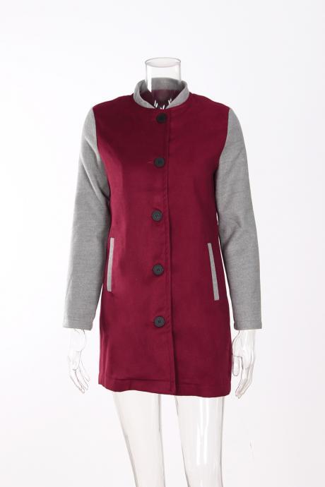 Women Lady Long Woolen Coat Autumn Winter Long Sleeve Contrast Color Patchwork Warm Slim Jackets burgundy+gray