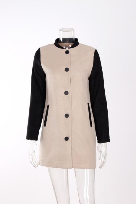 Women Lady Long Woolen Coat Autumn Winter Long Sleeve Contrast Color Patchwork Warm Slim Jackets Khaki+black