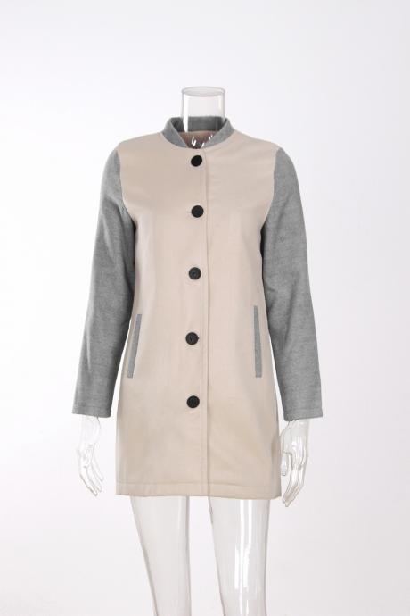 Women Lady Long Woolen Coat Autumn Winter Long Sleeve Contrast Color Patchwork Warm Slim Jackets Khaki+gray