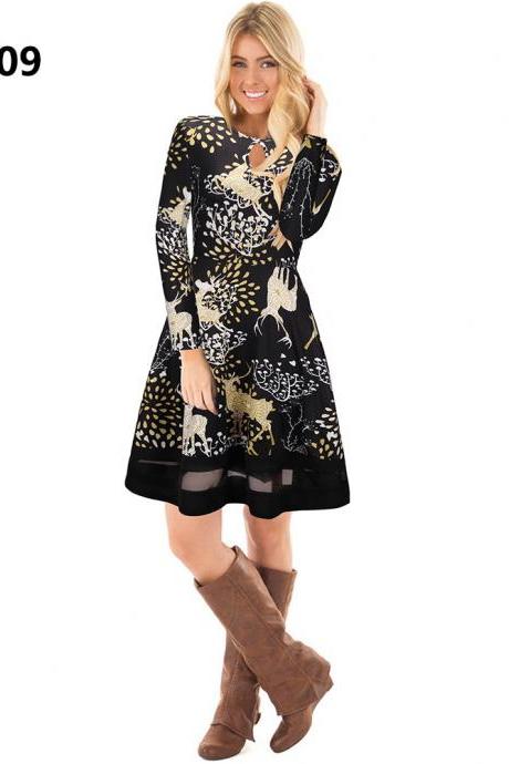 Women Christmas Floral Print Dress Long Sleeve O-Neck Mesh Patchwork Hollow Out A Line Party Dress 1209