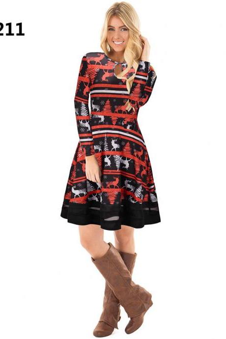 Women Christmas Floral Print Dress Long Sleeve O-Neck Mesh Patchwork Hollow Out A Line Party Dress 1211