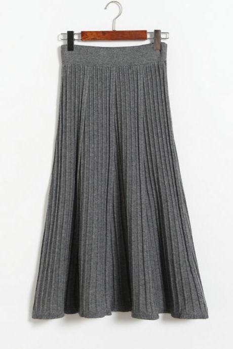 Vintage Fashion Pleated Skirt Women Knitted Autumn Winter High Waist A Line Long Midi Skirts gray