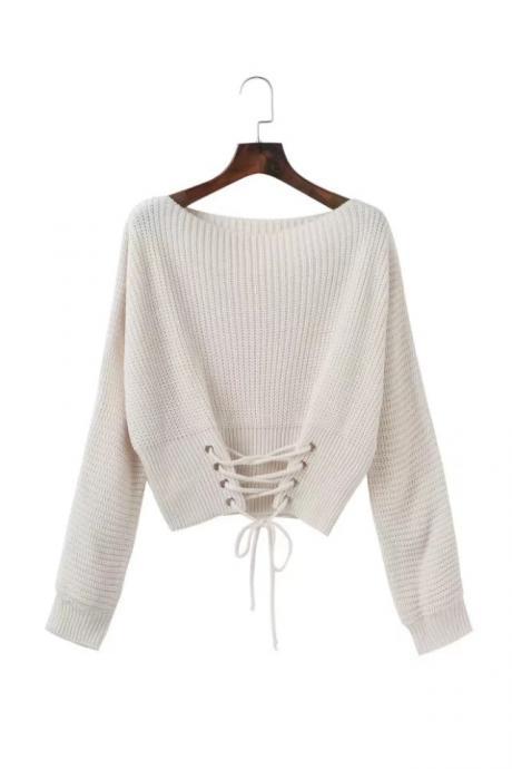 Fashion Autumn Winter Casual Knitted Sweater Solid Long Sleeve Lace up Women Tops Girls Short Pullovers off white