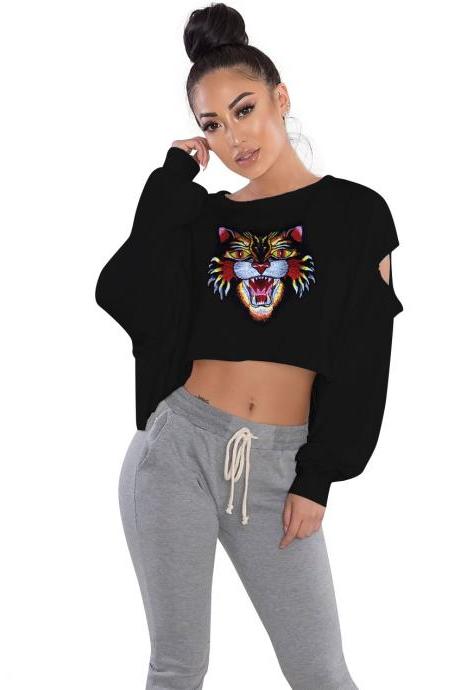 Embroidery Tiger Loose Hoodies Women Sweatshirt Hole Cropped Long Sleeve Short Pullover black