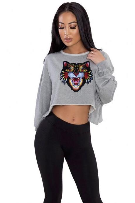 Embroidery Tiger Loose Hoodies Women Sweatshirt Hole Cropped Long Sleeve Short Pullover Gray