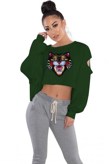 Embroidery Tiger Loose Hoodies Women Sweatshirt Hole Cropped Long Sleeve Short Pullover Green