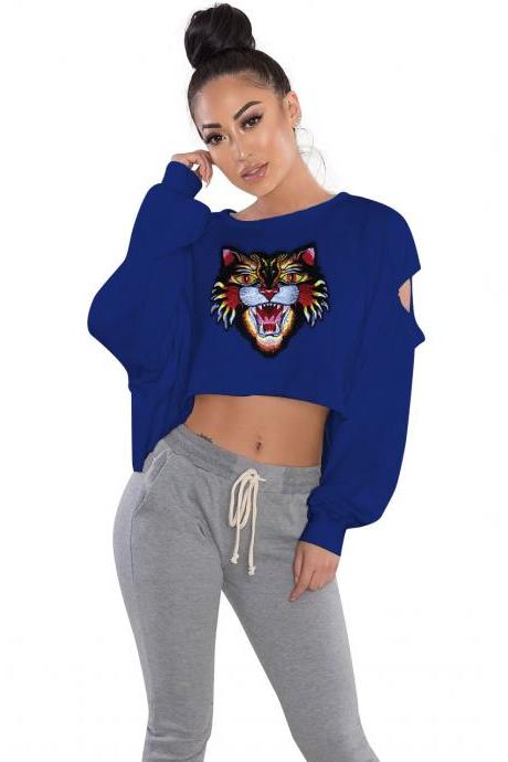 Embroidery Tiger Loose Hoodies Women Sweatshirt Hole Cropped Long Sleeve Short Pullover royal blue
