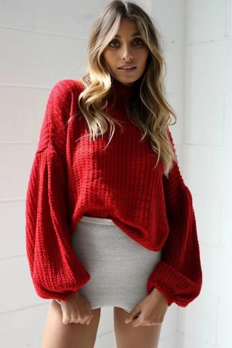 Balloon Sleeve High Neck Spring Autumn Sweater Women Dropped Shoulder Loose Solid Knitwear Pullovers red