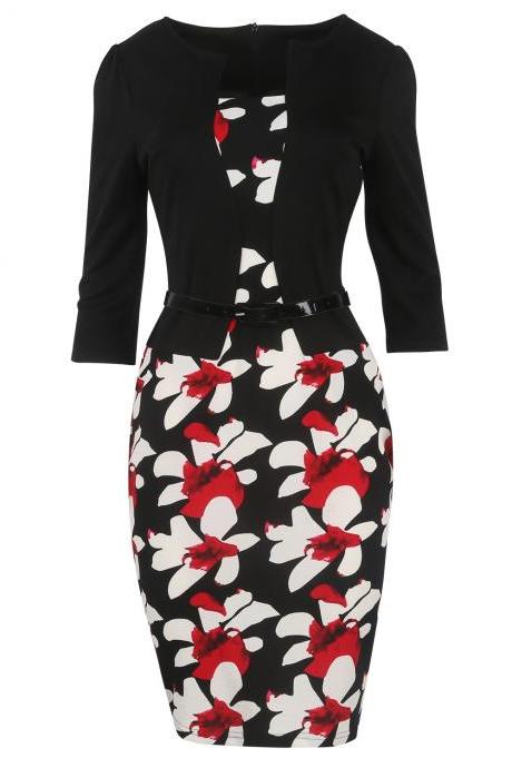 Women Bodycon Office Party Dress 3/4 Sleeve Floral Printed Patchwork Fake Two Piece Belted Pencil Dress2#