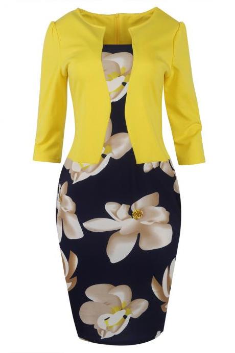 Women Bodycon Office Party Dress 3/4 Sleeve Floral Printed Patchwork Fake Two Piece Belted Pencil Dress3#