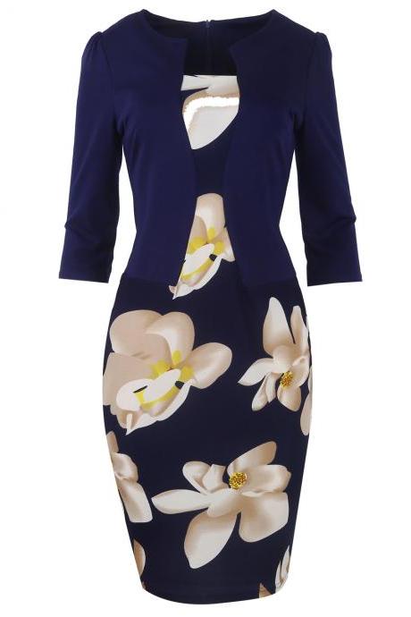 Women Bodycon Office Party Dress 3/4 Sleeve Floral Printed Patchwork Fake Two Piece Belted Pencil Dress4#