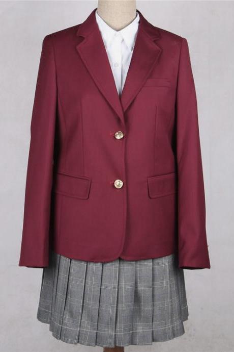 Japanese JK Women Girl School Uniform Suit Coat Students Jacket Blazer Outerwear burgundy