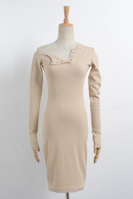 Off the Shoulder One Shoulder Bodycon Dress Slim Long Sleeve Button Evening Party Club Sexy T-Shirt Dress khaki