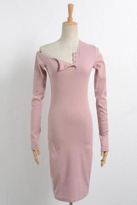 Off the Shoulder One Shoulder Bodycon Dress Slim Long Sleeve Button Evening Party Club Sexy T-Shirt Dress pink