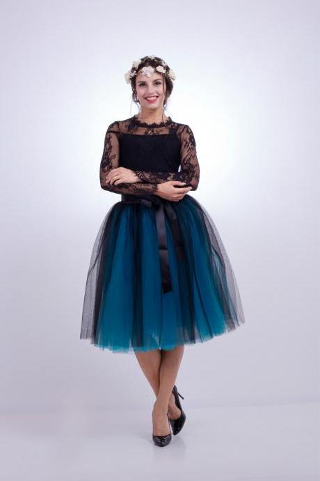 6 Layers Multi Color Tulle Midi Skirt Women Fashion Adult Tutu Skirts Mesh Bridesmaid Wedding Party Skirt black+blue