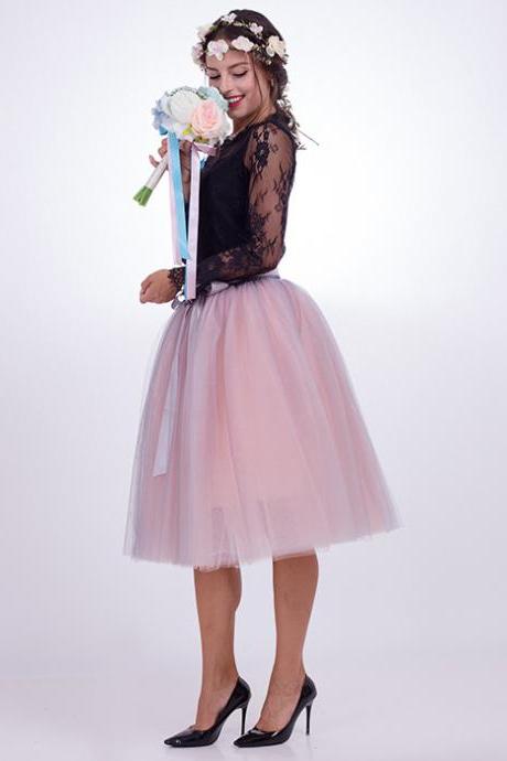 6 Layers Multi Color Tulle Midi Skirt Women Fashion Adult Tutu Skirts Mesh Bridesmaid Wedding Party Skirt gray+pink