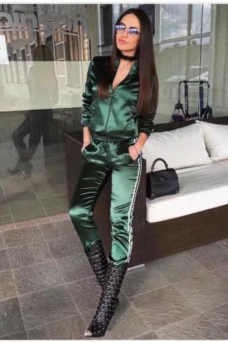 Fashion Side Striped Silky Satin Tracksuits Baseball Bomber Zipper Jacket+Long Pants 2 Pieces Suits Sets hunter green