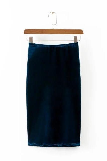 Autumn Winter Women Pencil Skirt Knee-Length High Waist Ladies Split Pleuche Work Office Bodycon Skirt teal