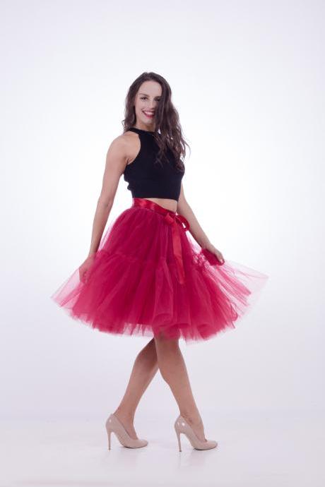 High Quality Lolita Skirt 5 Layers Tulle Midi Tutu Skirts Women Bridesmaid Wedding Party Petticoat burgundy