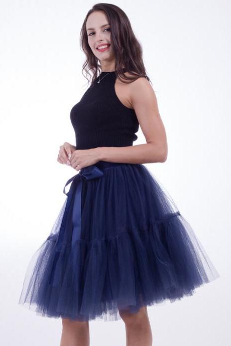 High Quality Lolita Skirt 5 Layers Tulle Midi Tutu Skirts Women Bridesmaid Wedding Party Petticoat Navy Blue