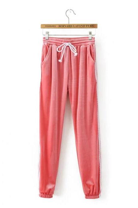 Sweatpants Women Sport Pants Joggers Casual Harlan Yoga Gym Side Striped Pleuche Drawstring High Waist Lady Femme Trousers pink