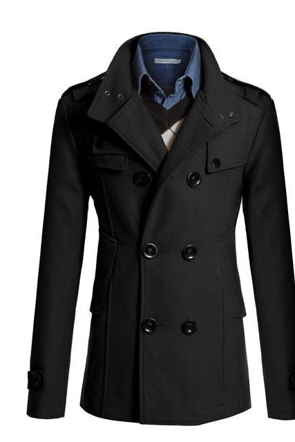 Men Woolen Coat Warm Thick Double Breasted Stand Collar Windbreaker Casual Outwear Overcoat Business Parkas