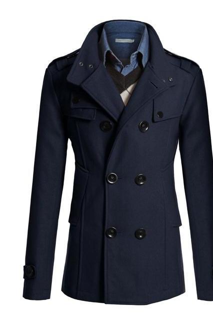 Men Woolen Coat Warm Thick Double Breasted Stand Collar Windbreaker Casual Outwear Overcoat Business Parkas Navy Blue