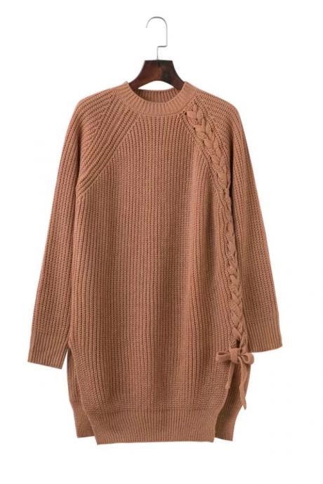 Elegant Lace Up Sweater Women Casual Long Sleeve Knitted Split Autumn Winter Femme Pullover Camel
