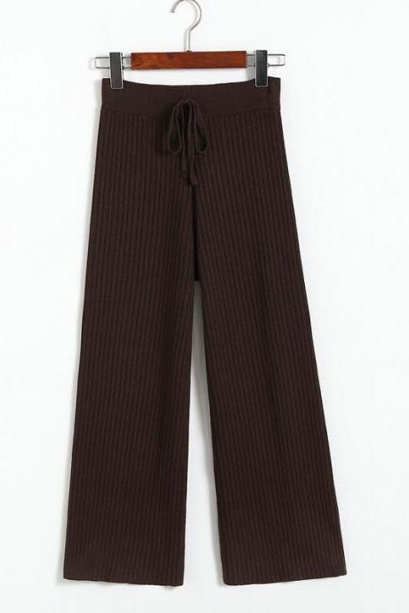 Women Loose Pants High Waist Long Wid-Leg Pants Streetwear Casual Drawstring Female Knitted Trousers dark brown