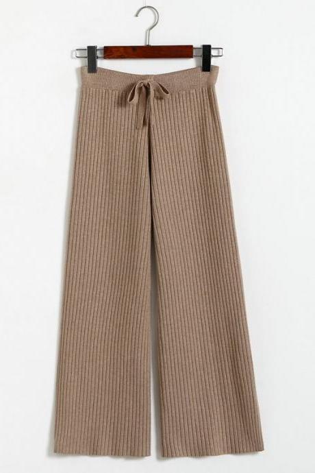 Khaki Ribbed Knit Drawstring High Rise Wide-Leg Pants