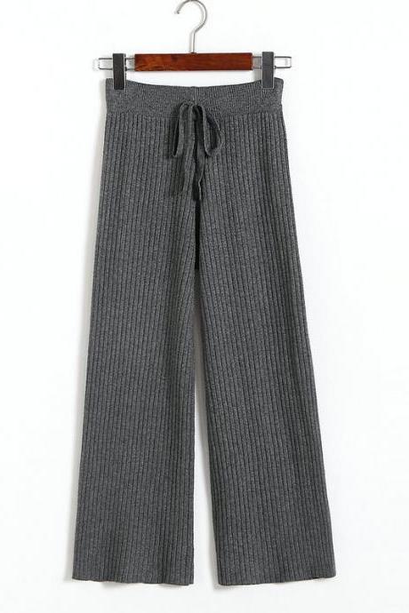 Women Loose Pants High Waist Long Wid-Leg Pants Streetwear Casual Drawstring Female Knitted Trousers gray
