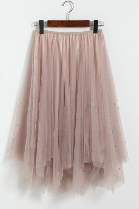Beaded Women Midi Asymmetrical Skirt Girls High Waist Autumn Winter Tulle A Line Skater Skirt apricot pink