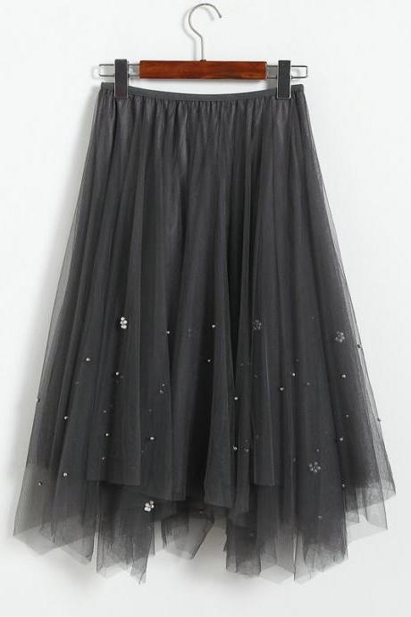 Beaded Women Midi Asymmetrical Skirt Girls High Waist Autumn Winter Tulle A Line Skater Skirt gray