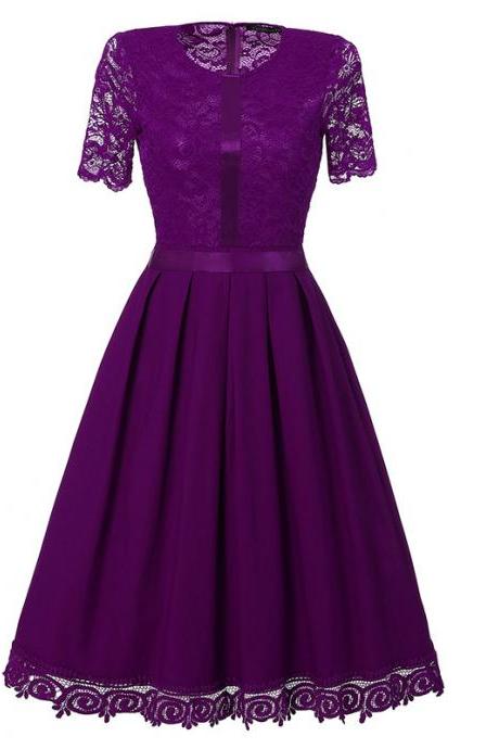 Vintage Lace Patchwork Dress Elegant Rockabilly Cocktail Party Short Sleeve A Line Swing Dress Purple