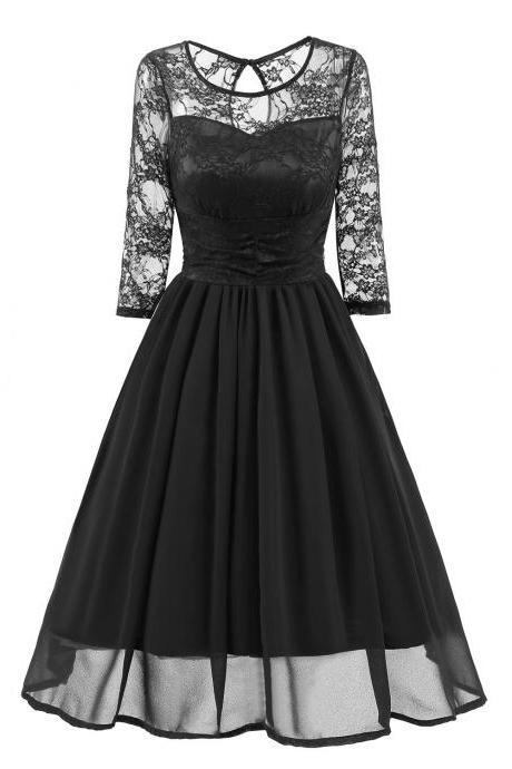 Vintage Lace Dress 3/4 Sleeve Women Chiffon Pleated Evening Party Swing A Line Dress black 