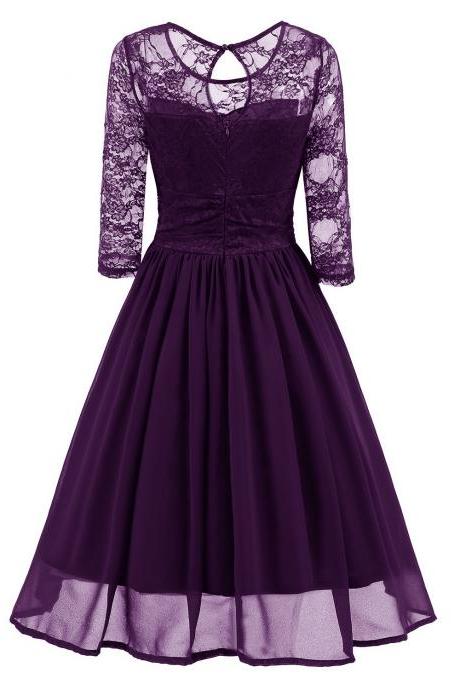 Vintage Lace Dress 3/4 Sleeve Women Chiffon Pleated Evening Party Swing A Line Dress purple