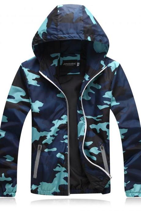 Unisex Men Women Coats Casual Hooded Camouflage Jackets Outerwear Waterproof Spring Autumn Windbreaker blue