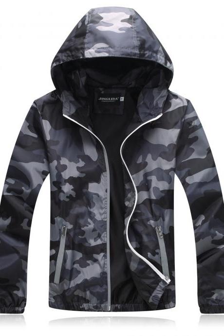 Unisex Men Women Coats Casual Hooded Camouflage Jackets Outerwear Waterproof Spring Autumn Windbreaker Gray