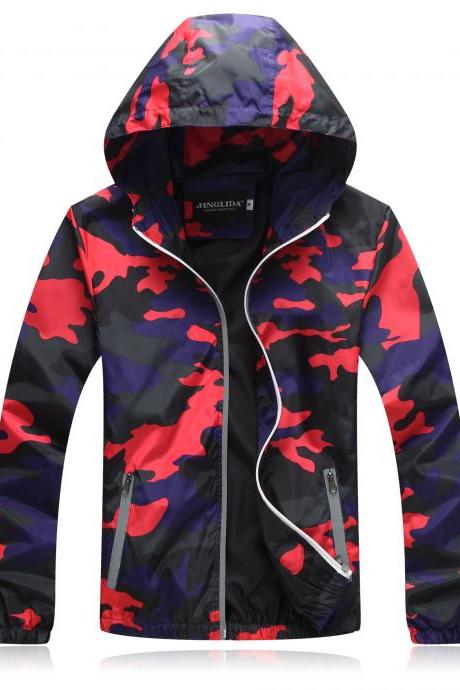 Unisex Men Women Coats Casual Hooded Camouflage Jackets Outerwear Waterproof Spring Autumn Windbreaker Red