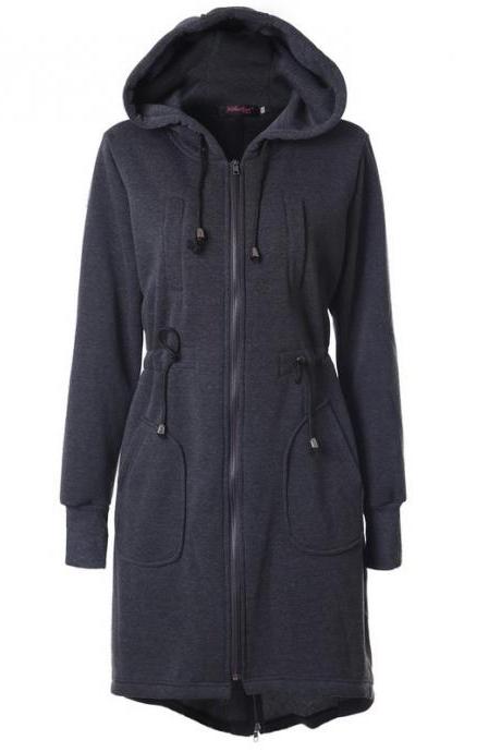 Women Hoodies Overcoat Autumn Winter Warm Fleece Coat Zip Up Outerwear Hooded Long Sweatshirt Jacket dark gray