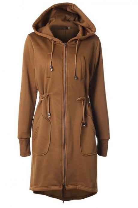 Women Hoodies Overcoat Autumn Winter Warm Fleece Coat Zip Up Outerwear Hooded Long Sweatshirt Jacket khaki