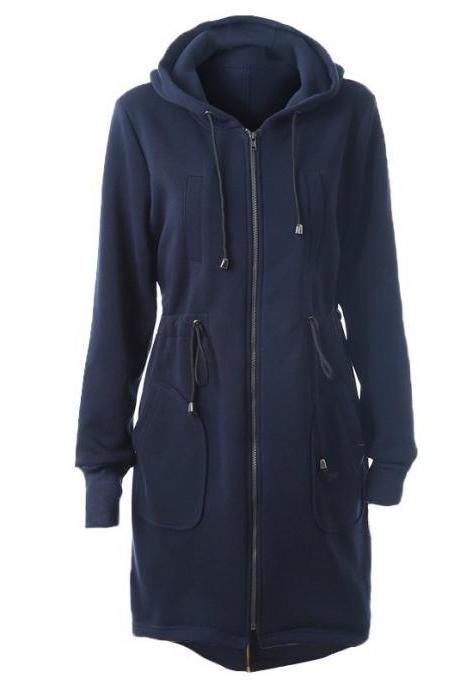Women Hoodies Overcoat Autumn Winter Warm Fleece Coat Zip Up Outerwear Hooded Long Sweatshirt Jacket navy blue