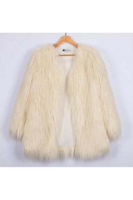 Plus Size Women Fluffy Faux Fur Coats Long Sleeve Winter Warm Long Jackets Female Outerwear ivory