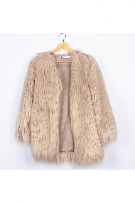 Plus Size Women Fluffy Faux Fur Coats Long Sleeve Winter Warm Long Jackets Female Outerwear light khaki
